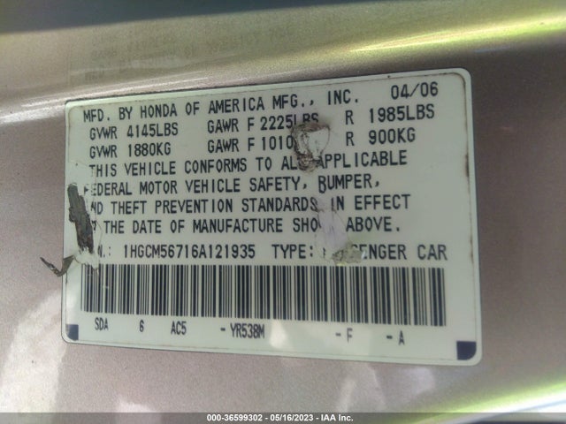 2006 HONDA ACCORD SDN EX/EX-L WITH NAVI VIN: 1HGCM56716A121935