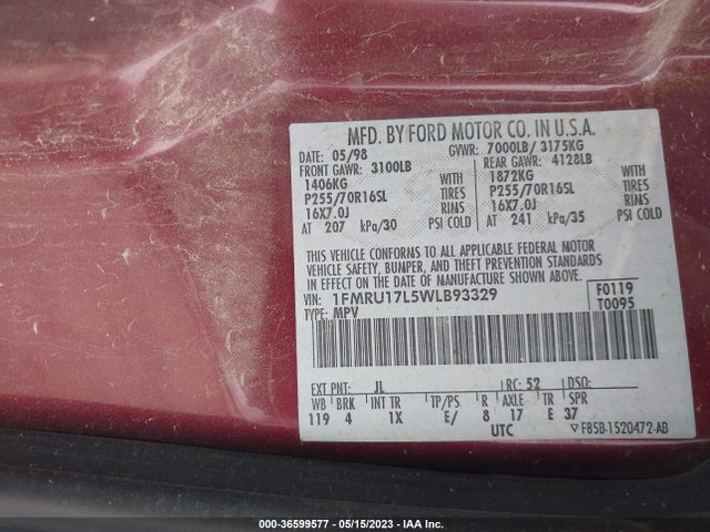 1998 FORD EXPEDITION XLT/EDDIE BAUER VIN: 1FMRU17L5WLB93329