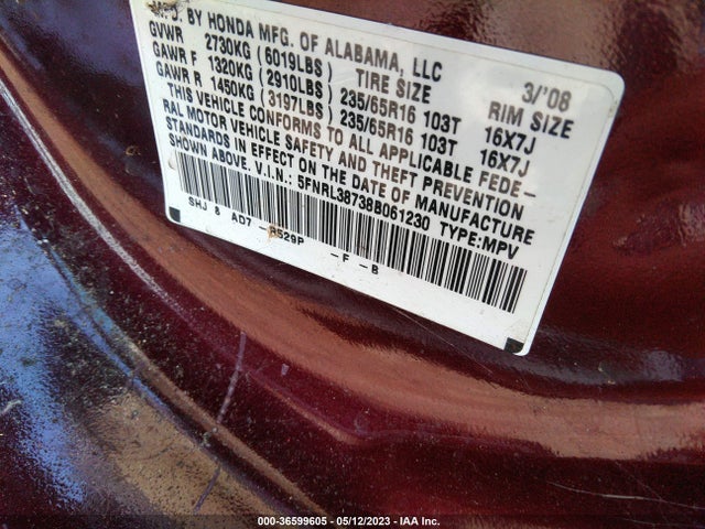 2008 HONDA ODYSSEY EX-L VIN: 5FNRL38738B061230