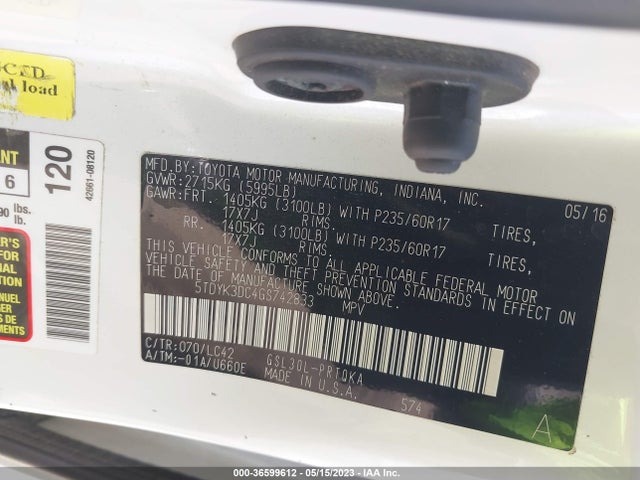 2016 TOYOTA SIENNA XLE/XLE AAS/LTD VIN: 5TDYK3DC4GS742833