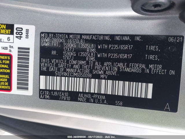 2021 TOYOTA SIENNA XLE VIN: 5TDYRKEC2MS050098
