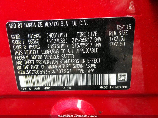 Honda HR-V LX 2016 3CZRU5H35GM707961 Image 9