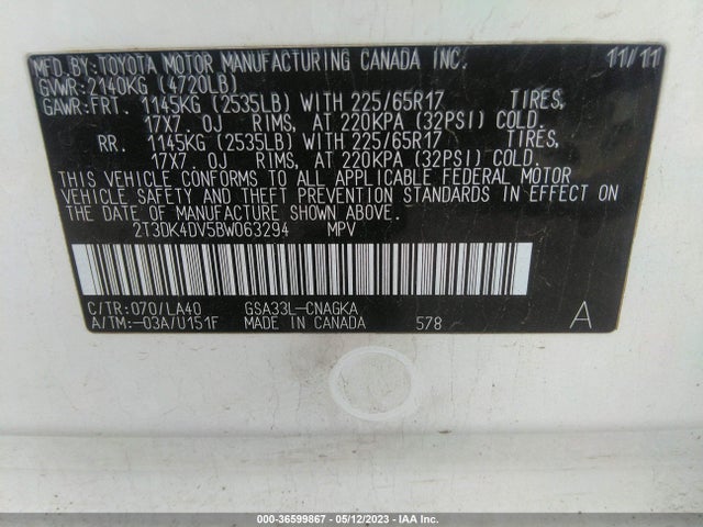 2011 TOYOTA RAV4 LTD VIN: 2T3DK4DV5BW063294