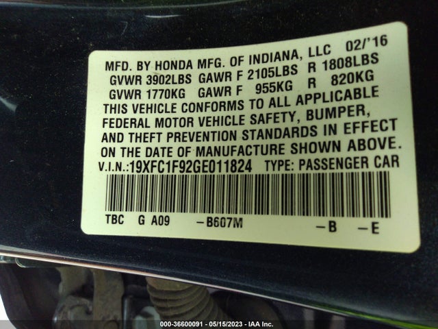 Honda CIVIC SEDAN 2016 19XFC1F92GE011824 Image 9