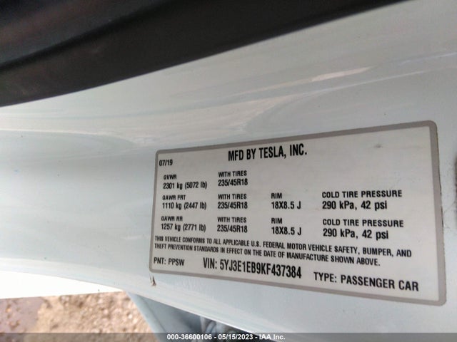 Tesla Model 3 Long Range/performance 2019 5YJ3E1EB9KF437384 Image 9