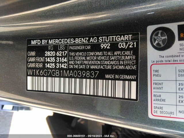 2021 Mercedes-Benz S-Class, VIN: W1K6G7GB1MA039837