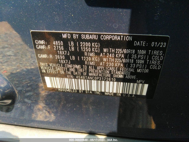 2023 SUBARU OUTBACK LIMITED VIN: 4S4BTANC0P3172610