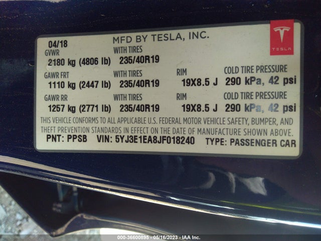 Tesla Model 3 Range Battery 2018 5YJ3E1EA8JF018240 Image 9