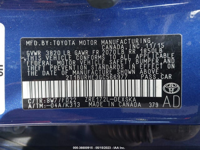 2016 TOYOTA COROLLA L/LE/S/S PLUS/LE PLUS VIN: 2T1BURHE3GC566977