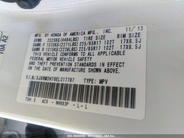 Honda Cr-v Ex-l 2014 5J6RM3H78EL017787 Image 9