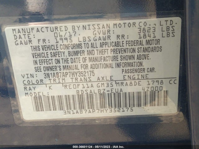 Продажа на аукционе авто 2017 Nissan Sentra S, vin: 3N1AB7AP7HY352175, номер лота: 36601124