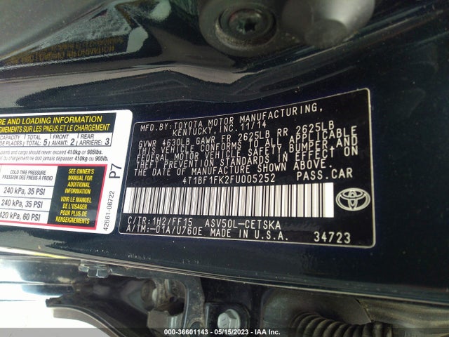 2015 Toyota Camry Xle/se/le/xse მანქანა იყიდება აუქციონზე, vin: 4T1BF1FK2FU005252, აუქციონის ნომერი: 36601143