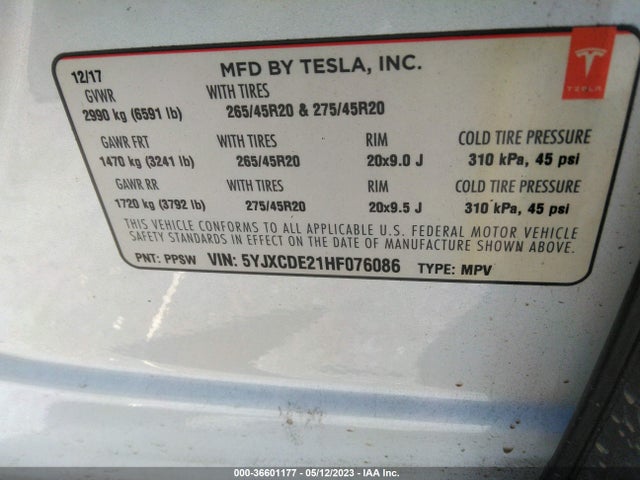 Tesla Model X 90d/75d/100d 2017 5YJXCDE21HF076086 Image 9