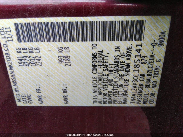 2012 NISSAN ALTIMA 2.5 S VIN: 1N4AL2AP3CC185141