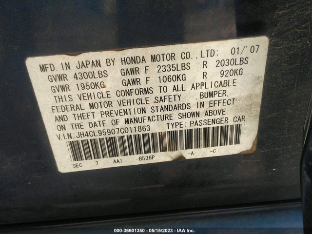 2007 ACURA TSX NAVI VIN: JH4CL95907C011863