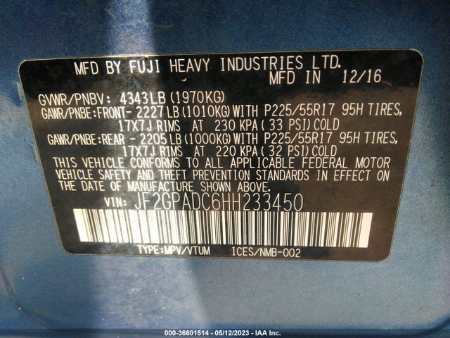 2017 SUBARU CROSSTREK PREMIUM VIN: JF2GPADC6HH233450