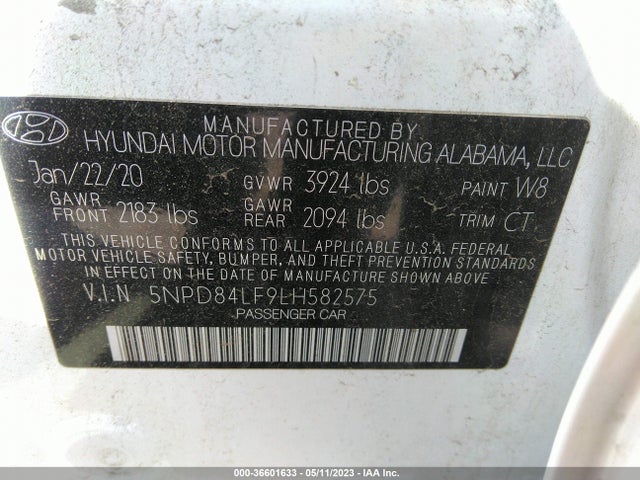 2020 HYUNDAI ELANTRA SEL VIN: 5NPD84LF9LH582575