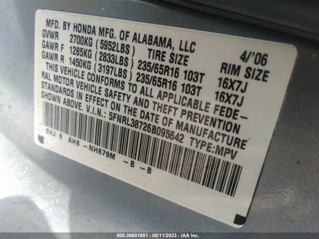 2006 HONDA ODYSSEY EX-L VIN: 5FNRL38726B095642