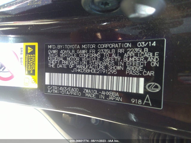 JTHKD5BH0E2191295 Lexus Ct 200h Hybrid