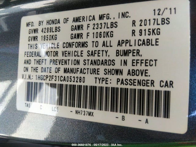 2012 HONDA ACCORD SDN LX VIN: 1HGCP2F31CA053280