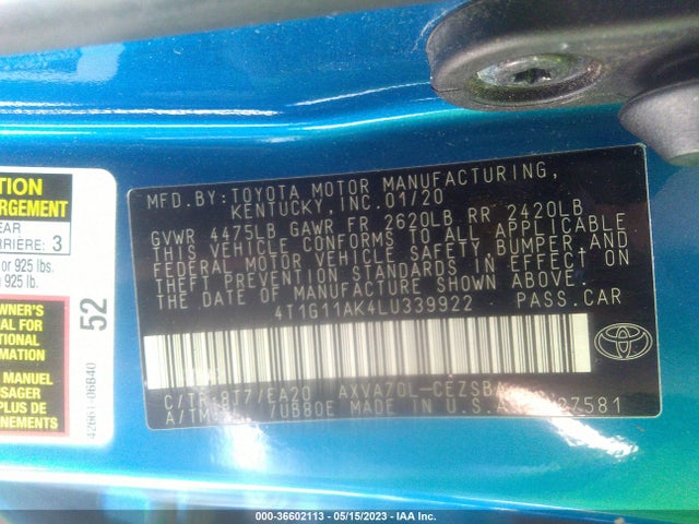 2020 TOYOTA CAMRY SE VIN: 4T1G11AK4LU339922