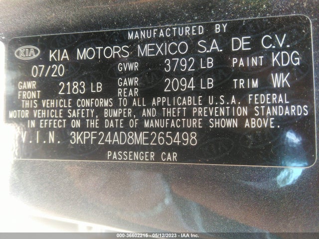 2021 KIA FORTE LXS VIN: 3KPF24AD8ME265498