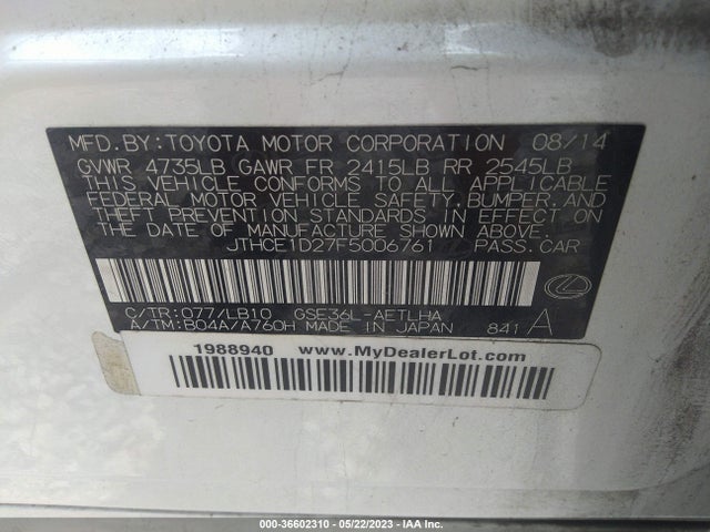 Lexus IS 350 2015 JTHCE1D27F5006761 Image 10