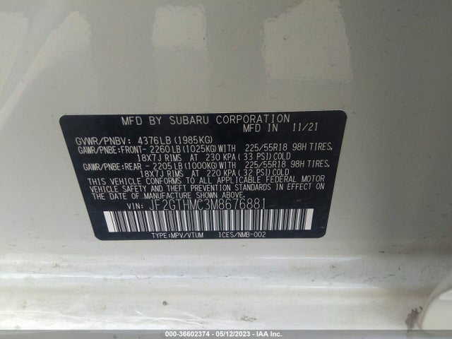 2021 SUBARU CROSSTREK LIMITED VIN: JF2GTHMC3M8676881