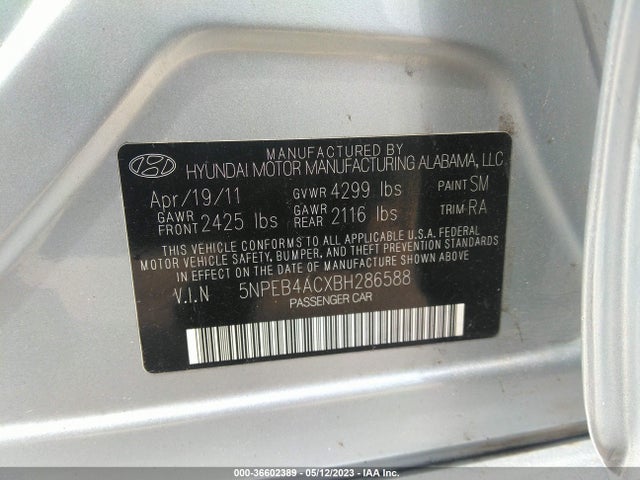 2011 HYUNDAI SONATA GLS VIN: 5NPEB4ACXBH286588