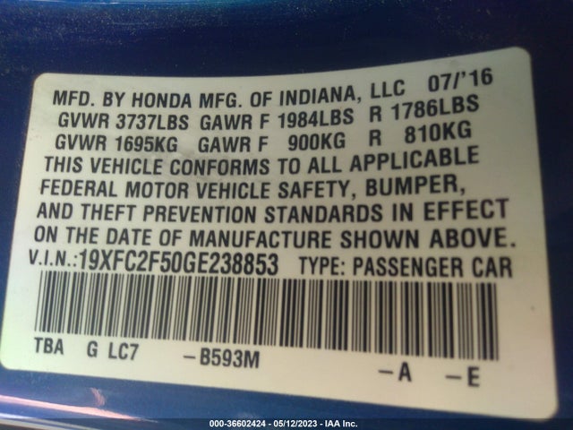 Honda Civic Sedan Lx 2016 19XFC2F50GE238853 Image 10