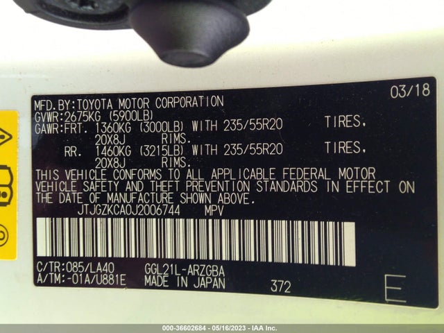 JTJGZKCA0J2006744 Lexus Rx Rx 350l