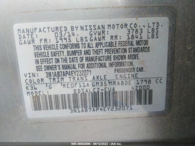 3N1AB7AP4EY232071 Nissan Sentra S/fe+ S/sv/fe+ Sv/sr/sl