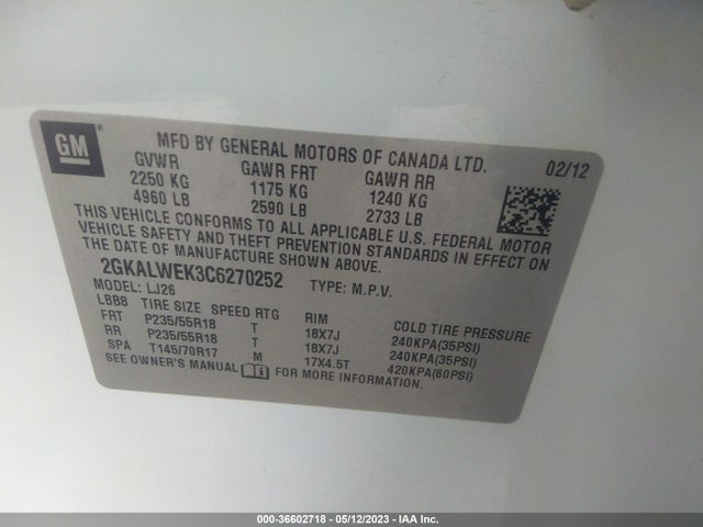 2012 GMC TERRAIN SLT-2 VIN: 2GKALWEK3C6270252