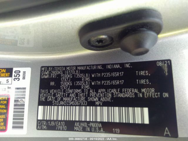 5TDJRKEC5MS067933 Toyota SIENNA XLE