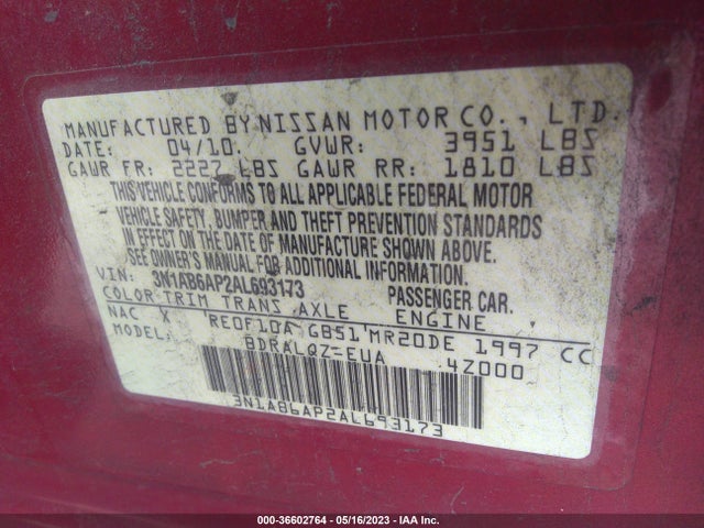2010 NISSAN SENTRA 2.0 VIN: 3N1AB6AP2AL693173
