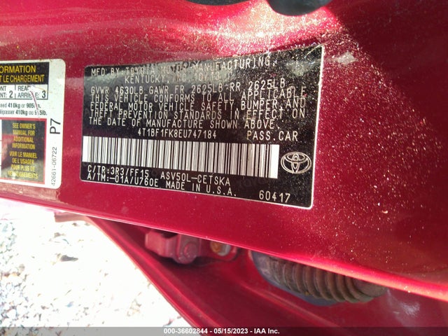 2014 TOYOTA CAMRY L/LE/XLE/SE/SE SPORT VIN: 4T1BF1FK8EU747184