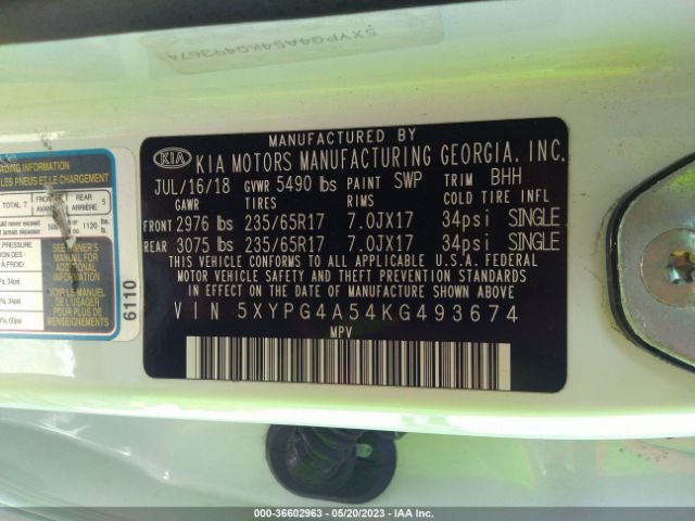 5XYPG4A54KG493674 KIA Sorento Lx V6