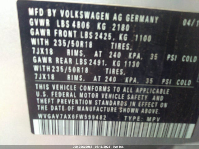 2015 VOLKSWAGEN TIGUAN SE VIN: WVGAV7AX6FW599482