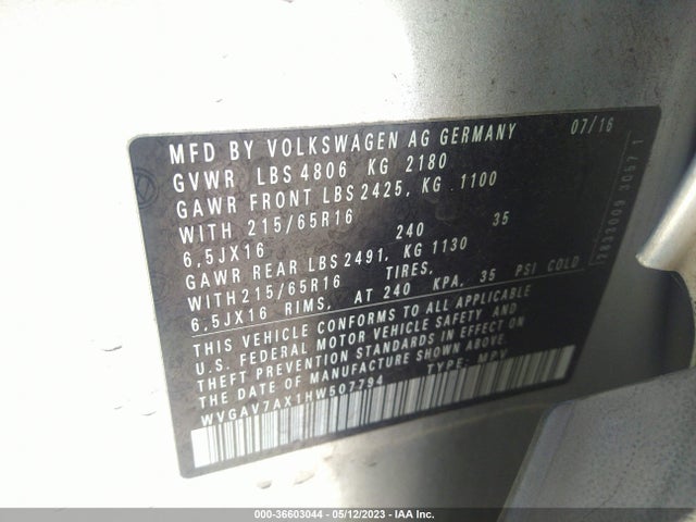 WVGAV7AX1HW507794 Volkswagen TIGUAN S