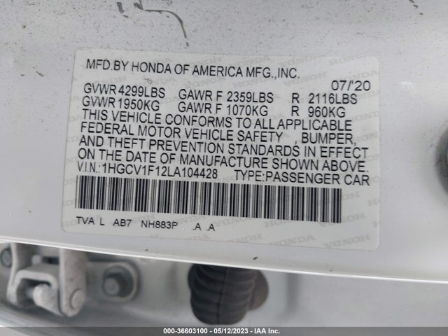 2020 HONDA ACCORD SEDAN LX VIN: 1HGCV1F12LA104428