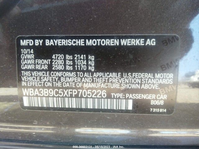 2015 BMW 3 SERIES 335I XDRIVE VIN: WBA3B9C5XFP705226