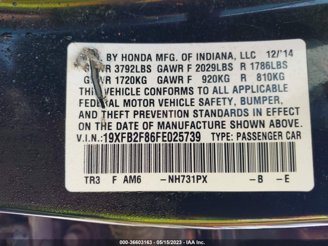 2015 HONDA CIVIC SEDAN EX VIN: 19XFB2F86FE025739