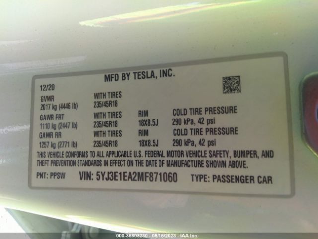 5YJ3E1EA2MF871060 Tesla Model 3 Standard Range Plus