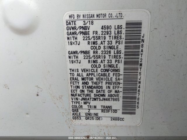 JN8AT2MT5JW467865 Nissan Rogue Sl