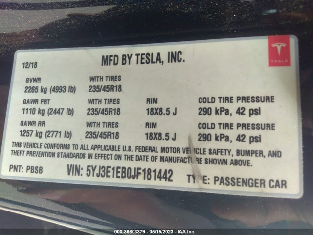Tesla Model 3 Long Range 2018 5YJ3E1EB0JF181442 Image 11