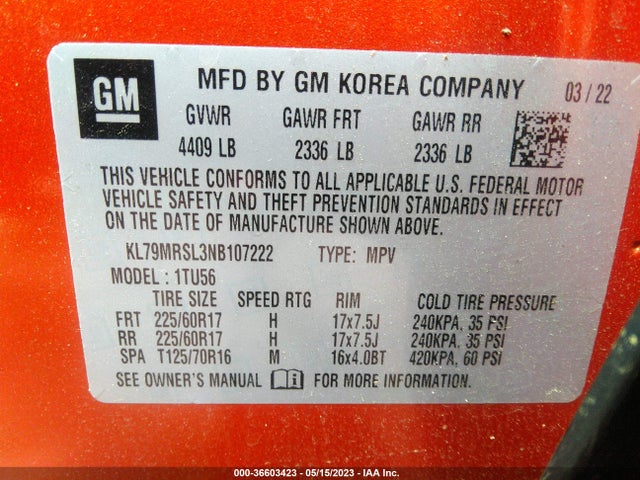 Chevrolet Trailblazer Lt 2022 KL79MRSL3NB107222 Image 9