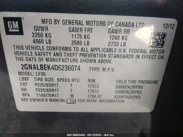 2013 CHEVROLET EQUINOX LS VIN: 2GNALBEK4D6236074