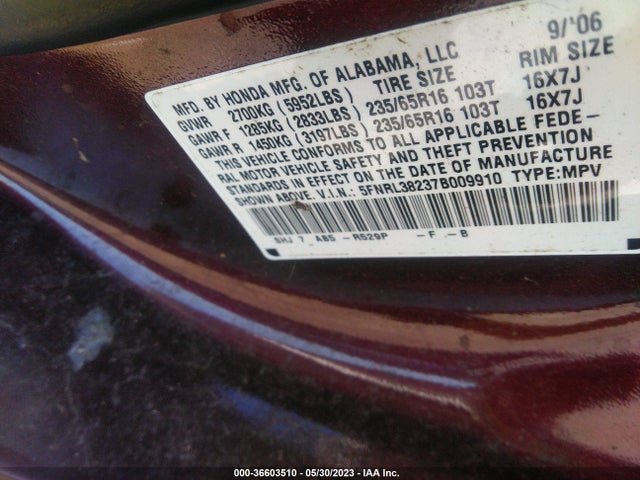 2007 HONDA ODYSSEY LX VIN: 5FNRL38237B009910