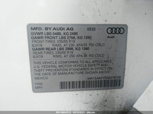WA1EAAFY5N2076129 Audi Q5 S Line Premium Plus