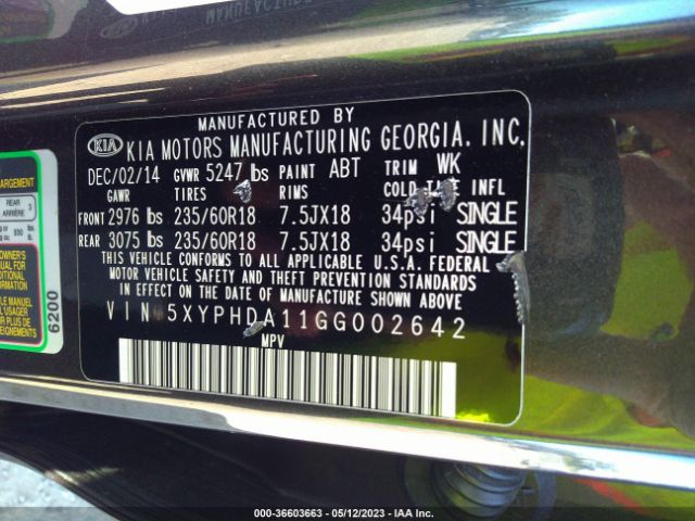5XYPHDA11GG002642 KIA SORENTO EX